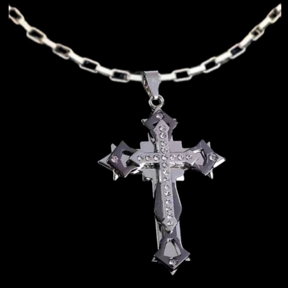 Men’s Diamond Grey & Silver Toned Cross Necklace